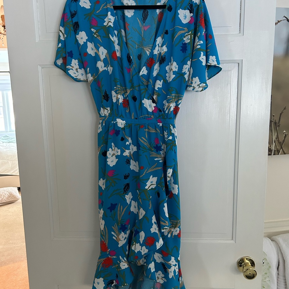 Blue Midi Sundress with Wrap Tie Front and Flutter Sleeves for Cocktail
